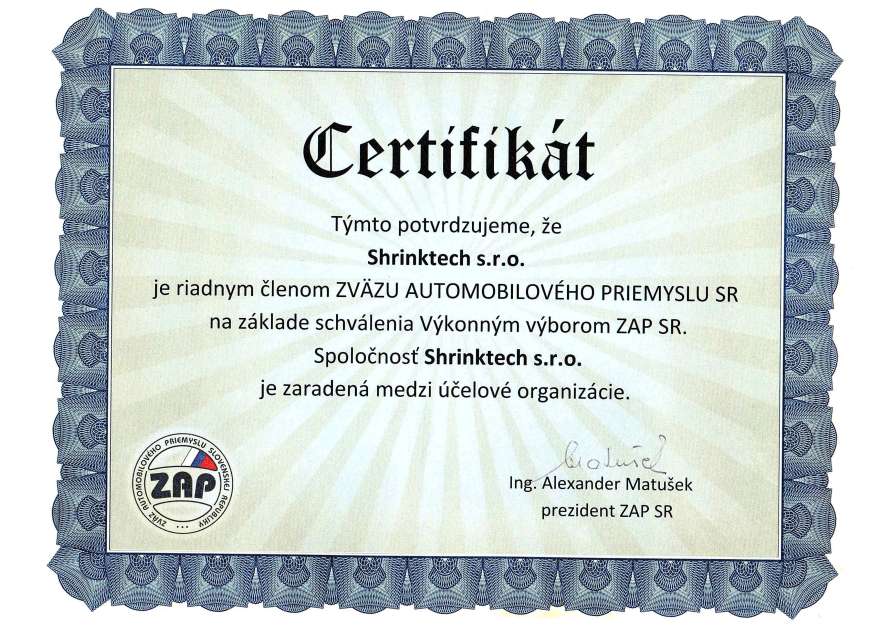 Shrinktech certificate ZAP